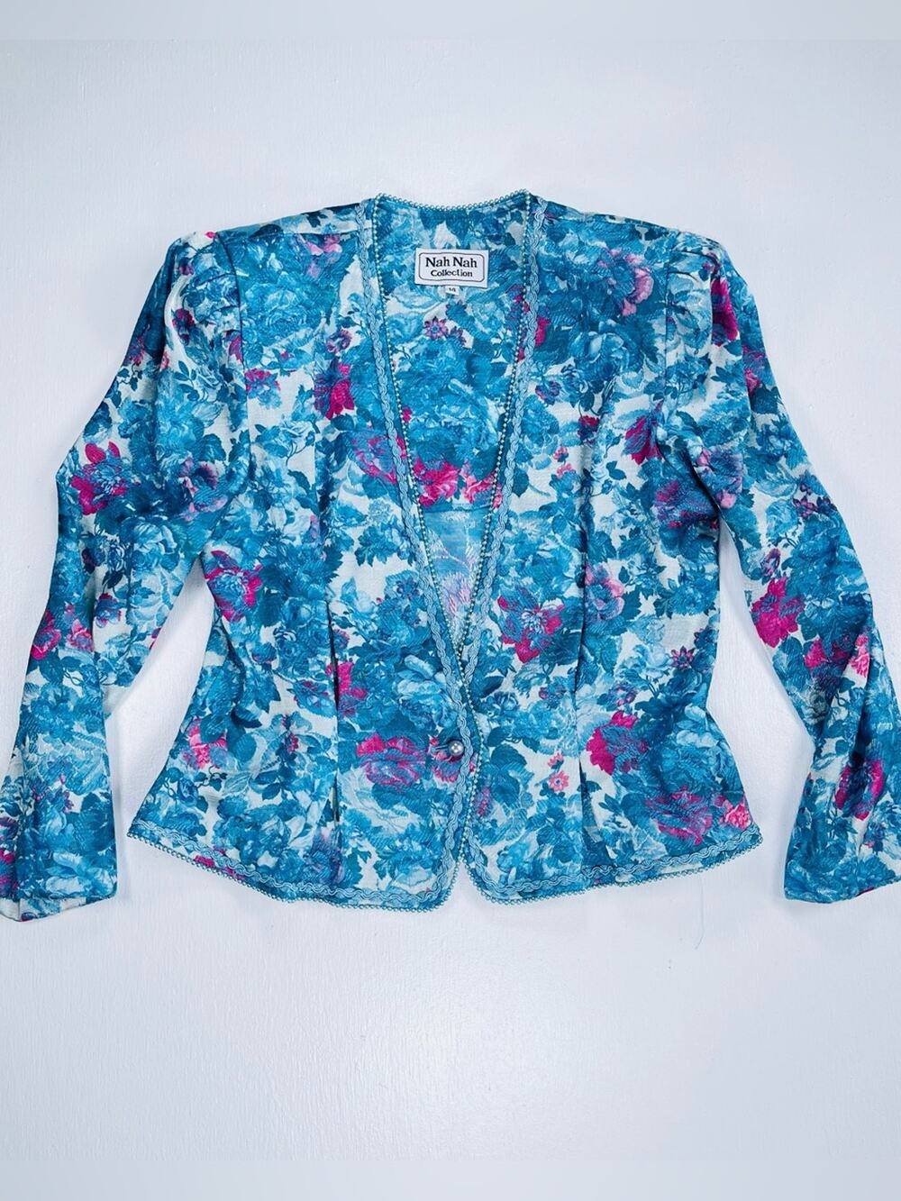 Vintage 80s 90s Blue Floral Jacquard Blazer Size 14 Braided Trim Pearl Details